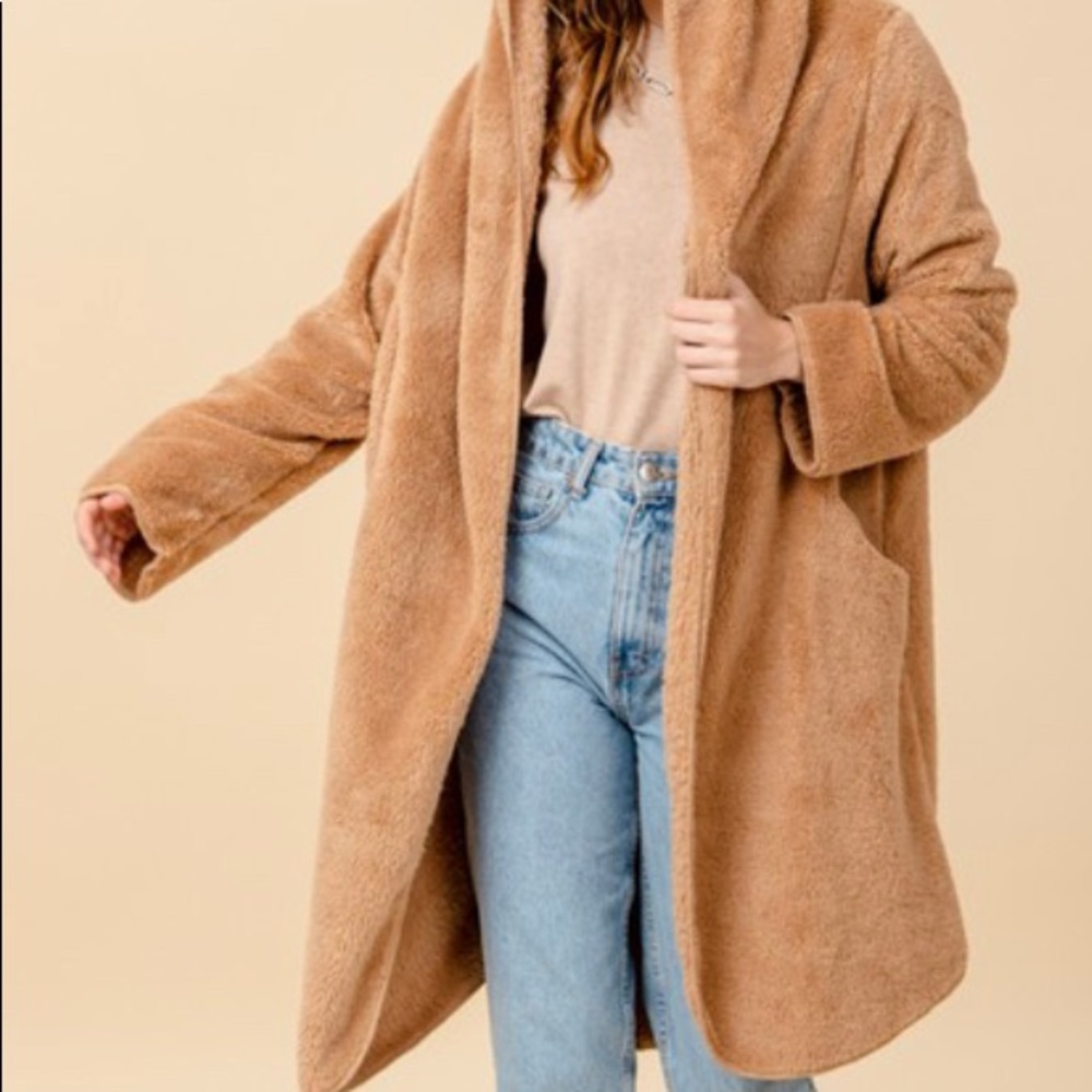OPEN FRONT POCKET HOODED TEDDY COAT